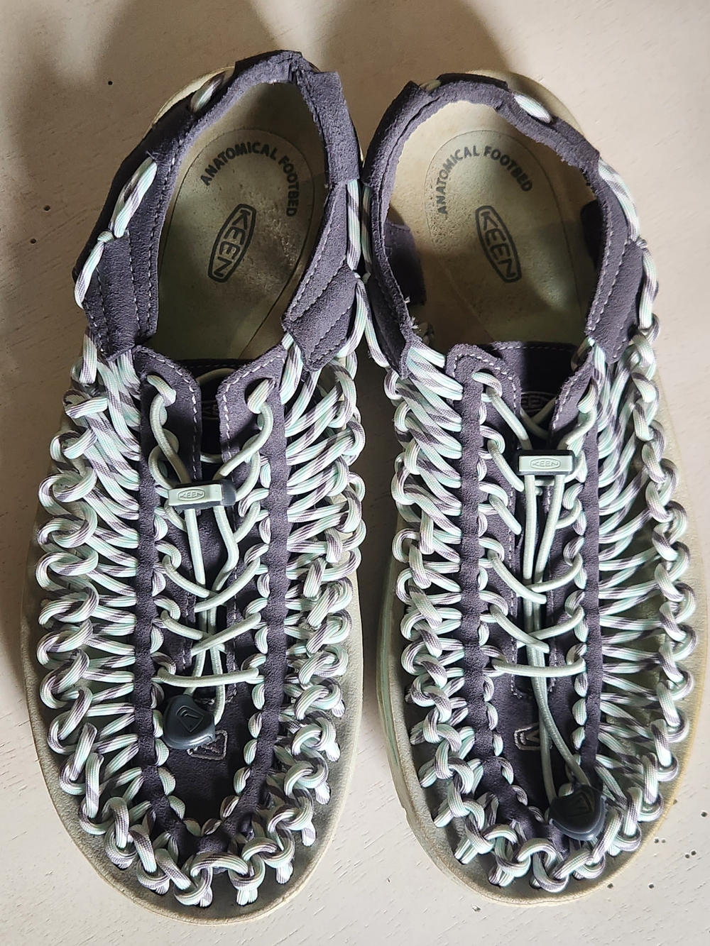 KEEN Womens UNEEK Braided Sandals in Dark Gray and Light Mint